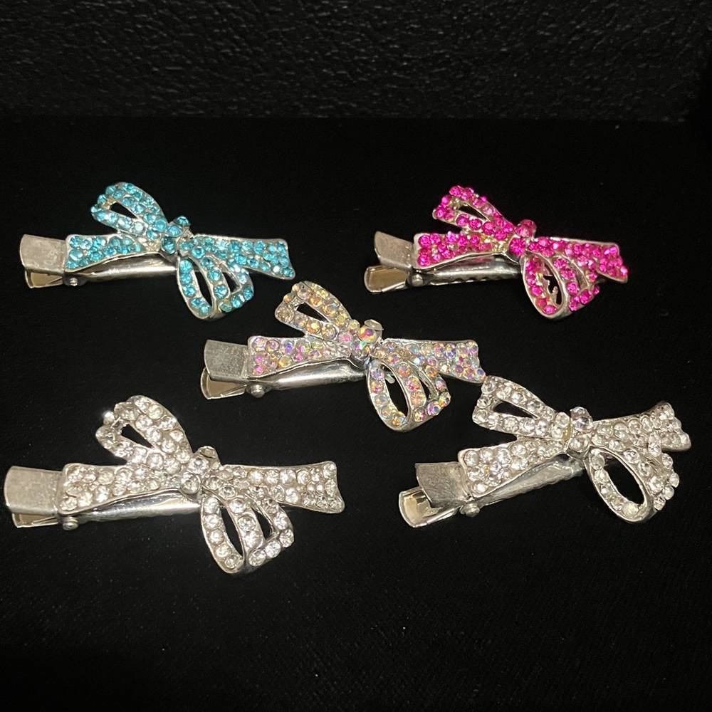 Sparkling Bow Hair Clips - Set of Crystal Accessories (Blue, Pink, White)